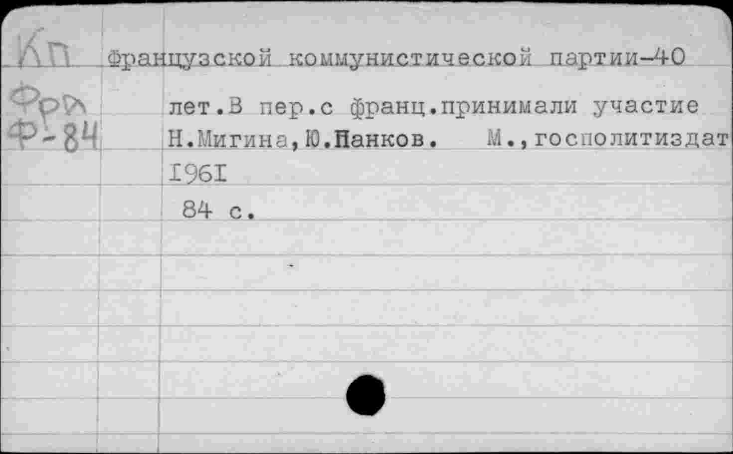 ﻿Кп	Фра!	цузской коммунистической партии-40
Фор' 4-84		лет.В пер.с франц.принимали участие Н.Мигина,Ю.Панков. М.,госполитиздат
		1961
		84 с.
		
		•
		
		
		
		
		